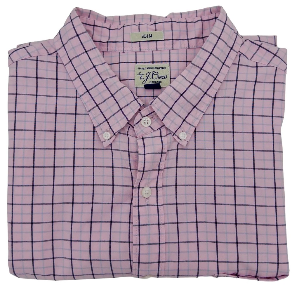 J.Crew Secret Wash Stretch Slim Fit Windowpane Button Down Shirt Mens XL | Pink